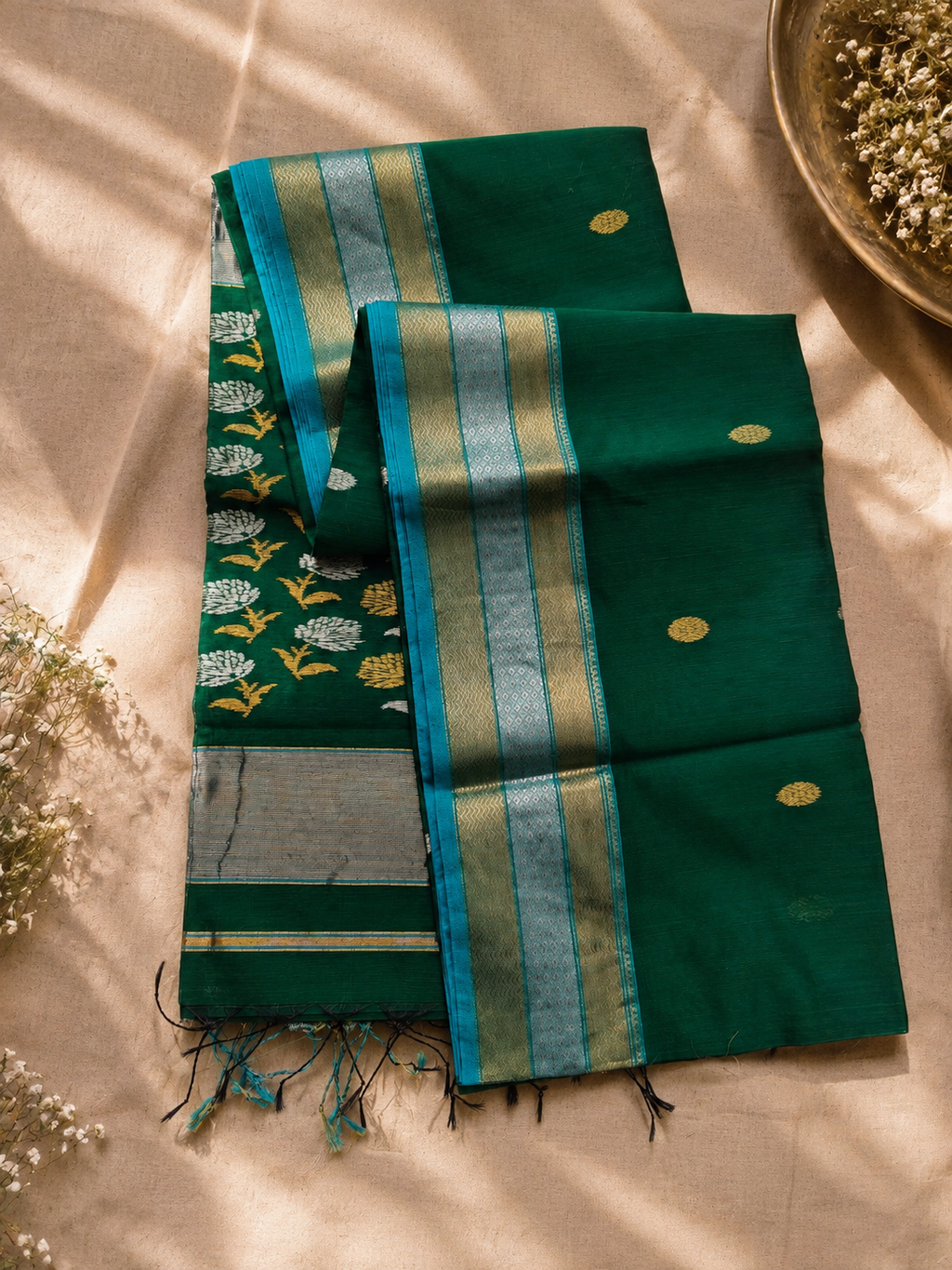 Emerald Green Maheshwari Saree with Zari Border & Traditional Floral Motifs