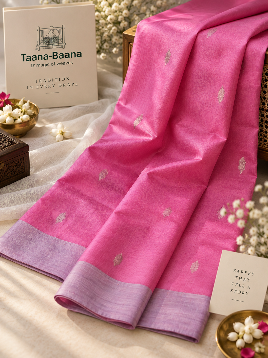 Chanderi Silk Saree — Pink Floral Pallu with Lavender Border