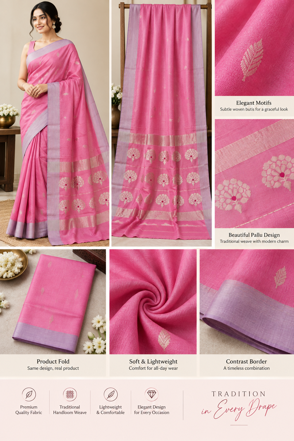 Chanderi Silk Saree — Pink Floral Pallu with Lavender Border