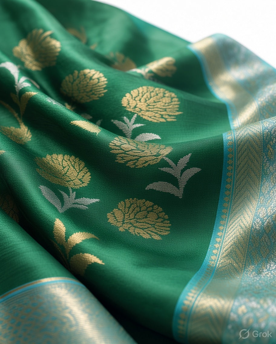 Emerald Green Maheshwari Saree with Zari Border & Traditional Floral Motifs