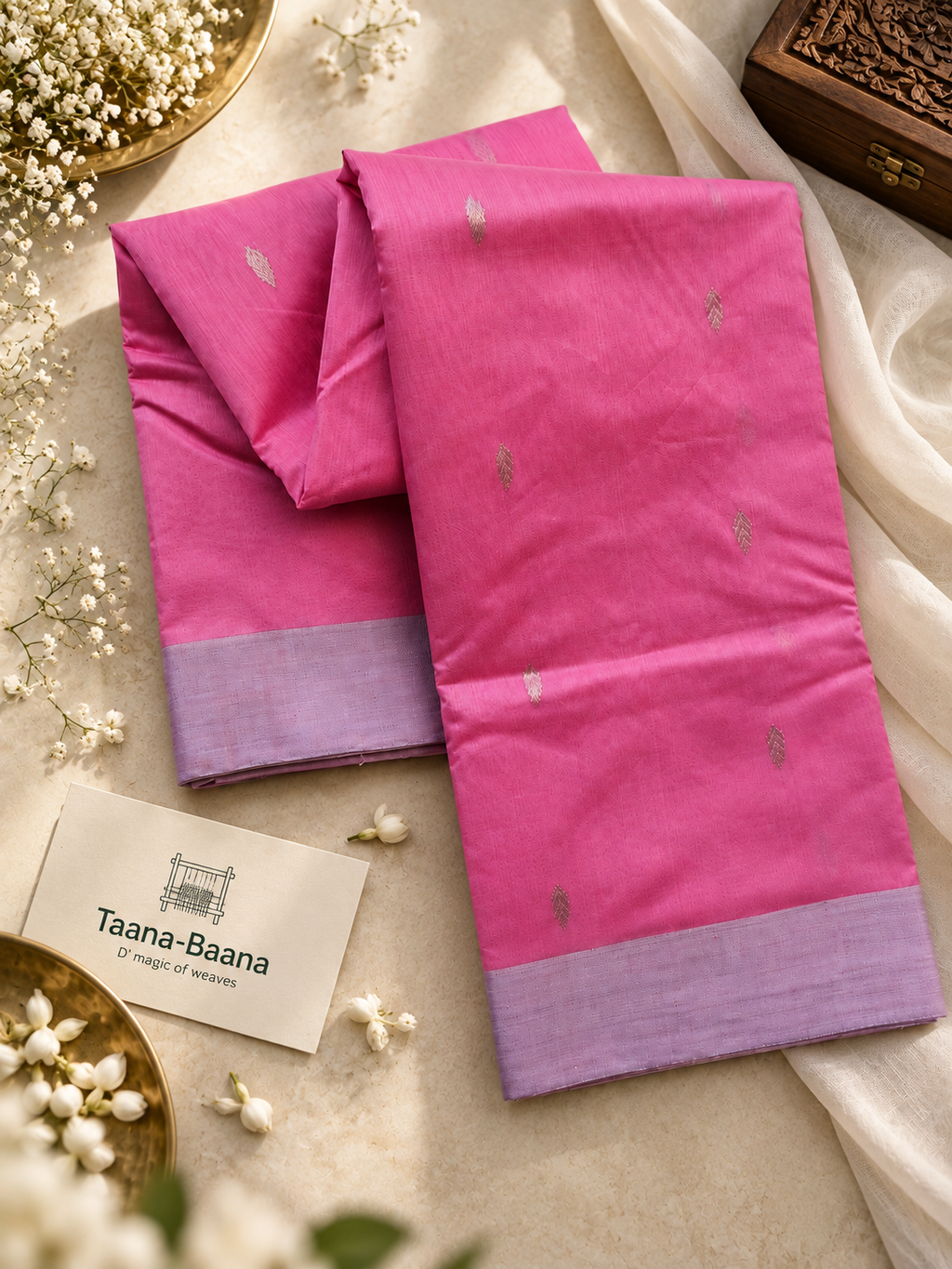 Chanderi Silk Saree — Pink Floral Pallu with Lavender Border