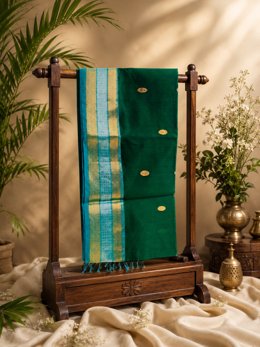 Emerald Green Maheshwari Saree with Zari Border & Traditional Floral Motifs