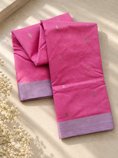 Chanderi Silk Saree — Pink Floral Pallu with Lavender Border