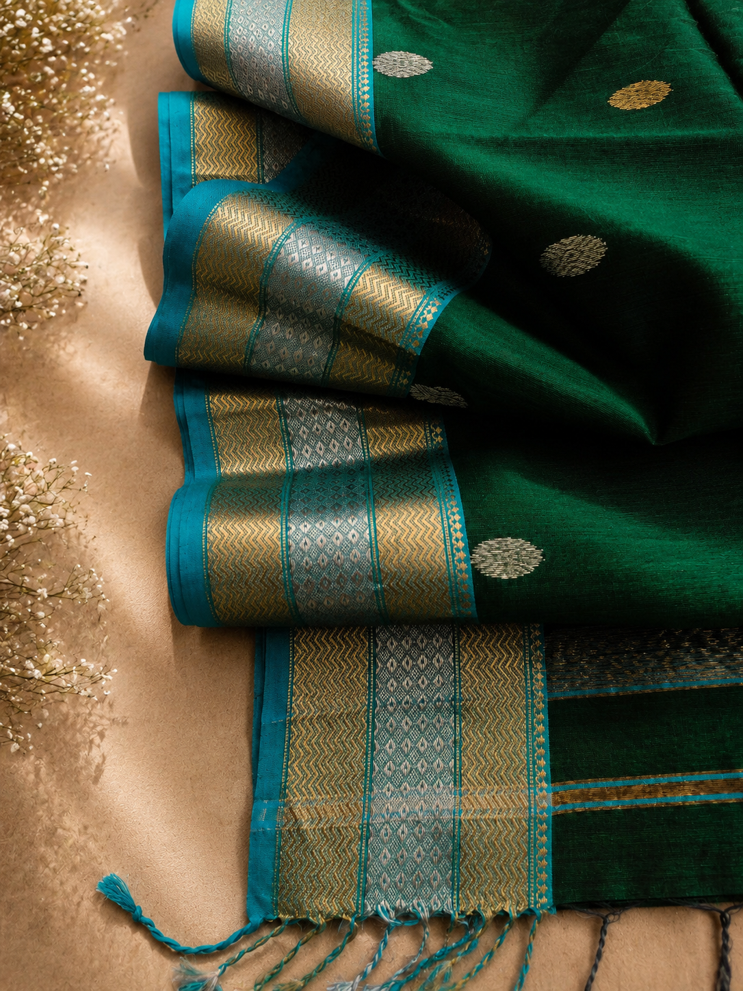 Emerald Green Maheshwari Saree with Zari Border & Traditional Floral Motifs